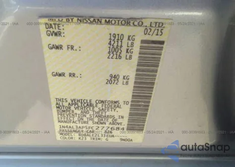 2015 Nissan Altima 2.5 Sl/2.5 Sv/2.5/2.5 S z USA, uszkodzony, nr VIN 1N4AL3AP5FC277684